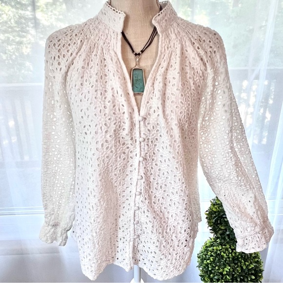 Elan Bella Eyelet Floral Embroidered Top White Size Medium - Picture 2 of 16